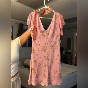 Pink V- Neck Flower Print Dress